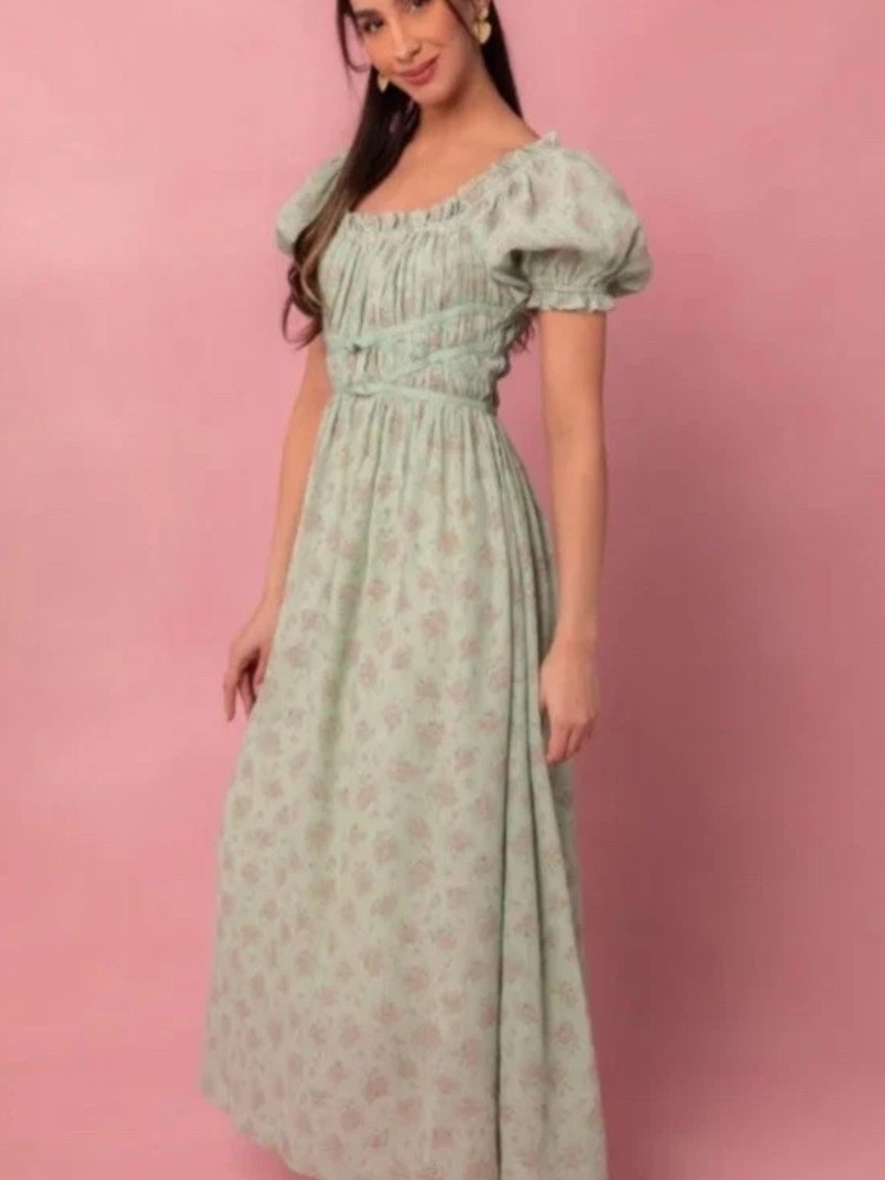 Ivy City Co Mint Floral Puff-Sleeve Maxi Dress Josephine Gown